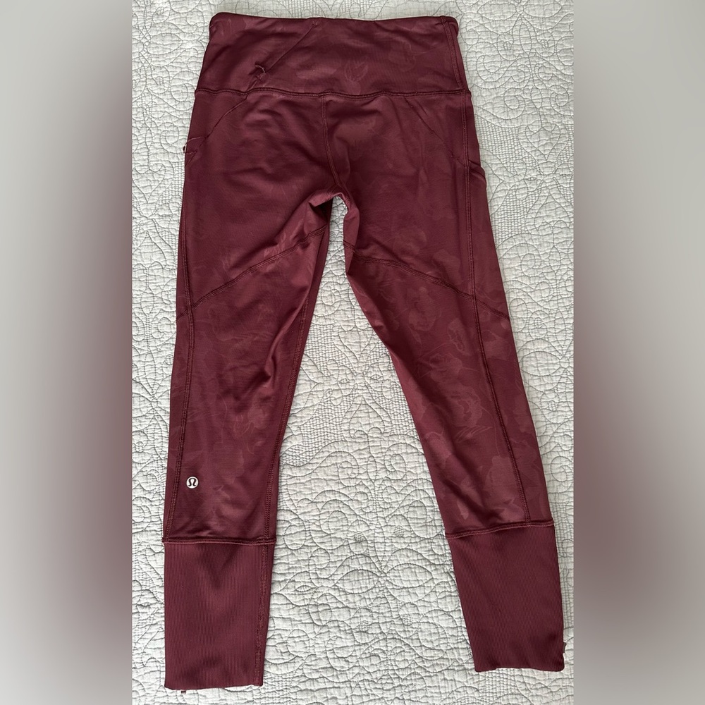 Lululemon Wunder Under Burgundy Floral Ankle Zip Leggings